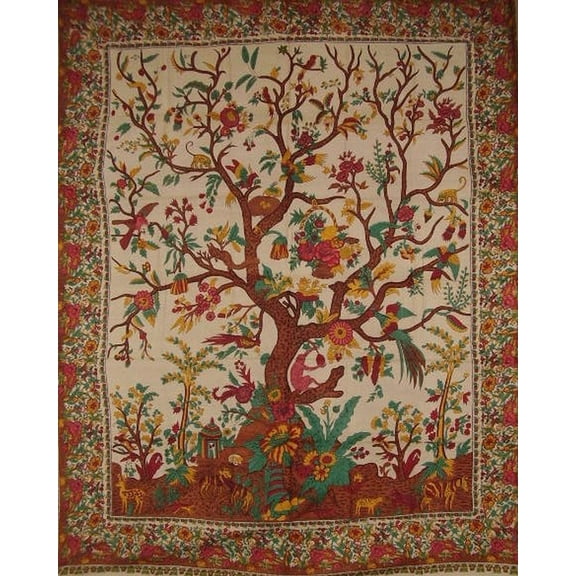 Tree of Life Tapestry Cotton Bedspread 108" x 88" Full-Queen Beige