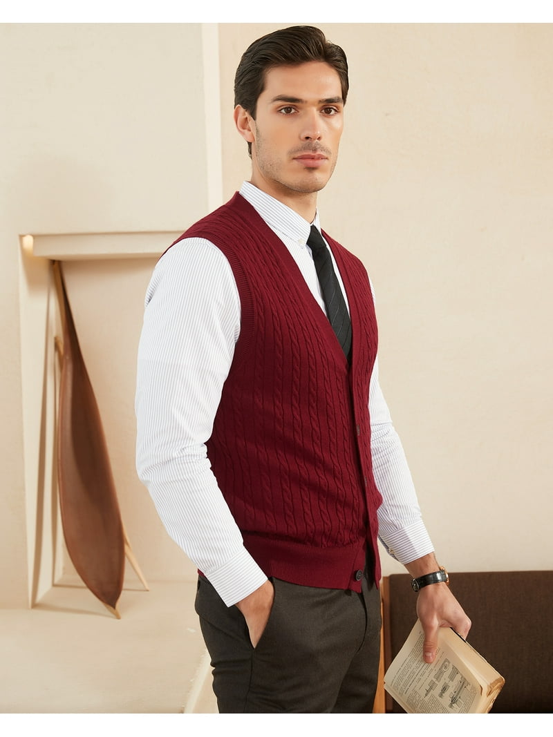 Kallspin Men's Wool Blend Cable-Knit V Neck Sleeveless Cardigan