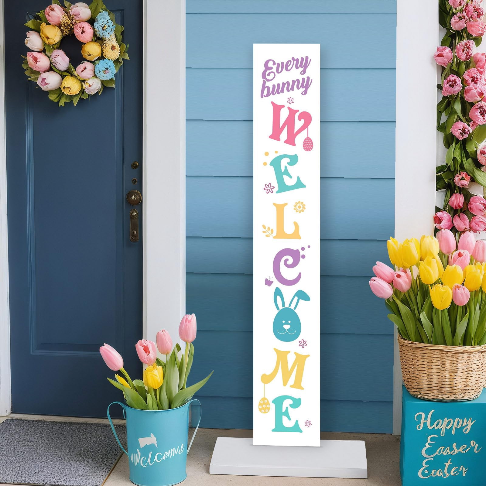 Easter Porch Sign, 47"H Large Wooden Porch Decor, Tall Leaner Vertical Welcome Sign for Front Door Standing, Easter Spring Outdoor Yard Rustic Farmhouse Decorations for Home