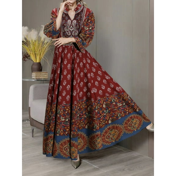 MORTTIC Women's Bohemian 3/4 Sleeve Floral Swing Dress Ethnic Embroidery Notched Neck Big Swing Dress, L