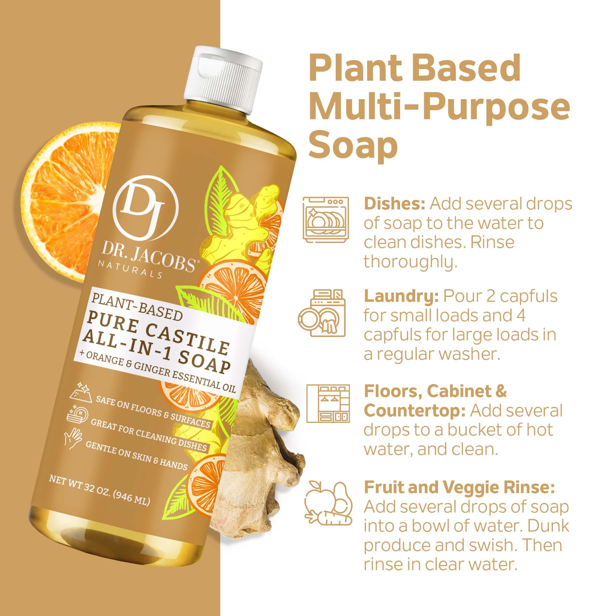 Dr. Jacobs Naturals Orange & Ginger Castile Soap All-In-One Cleaner Plant-Based Formula, 32 Fl. Oz. 3-Pack