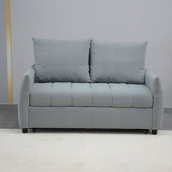 Modern 3-in-1 Sleeper Sofa Bed - Pull Out Convertible Loveseat with 2 Pillows & Storage Pockets, Adjustable Backrest, Light Blue Velvet Futon for Living Room & Small Spaces