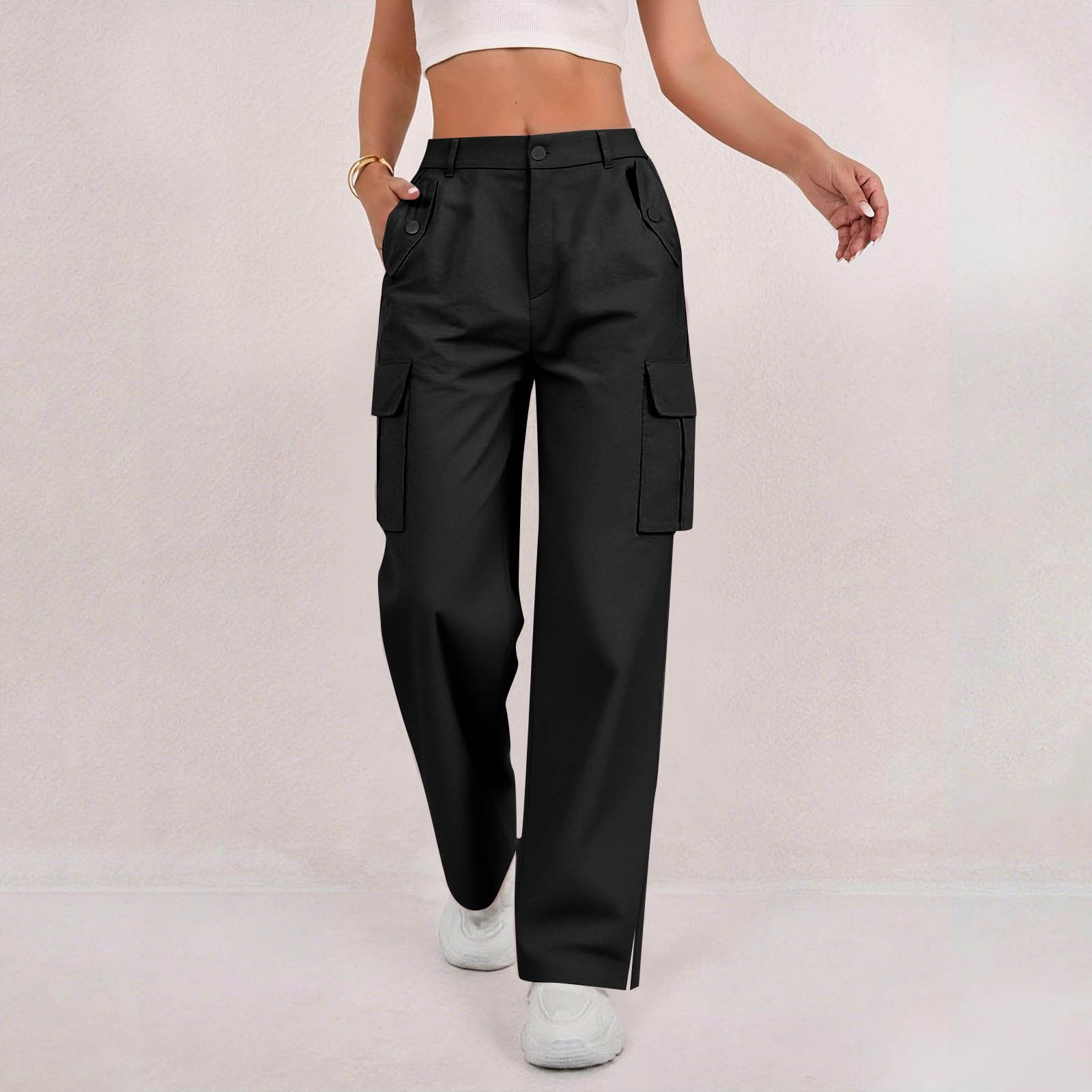 Women's Solid Cargo Pants - Elastic Waist Trousers with Button Closure, Side Slit & Functional Pockets - image 4