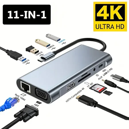 USB C Hub, 11-in-1 Docking Station Multiport Adapter, 4K HDMI-compatible VGA 4 USB Data Transfer Ports 100W PD Charging, Audio SD/TF for MacBook Pro/Air, Other Type C Laptops