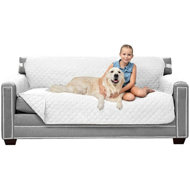 Original Patent Pending Reversible Large Sofa Protector, Many Colors, Seat Width to 70 Inch, Furniture Slipcover, 2 Inch Strap, Couch Slip Cover Throw for Pet Dogs, Cats, Sofa, White