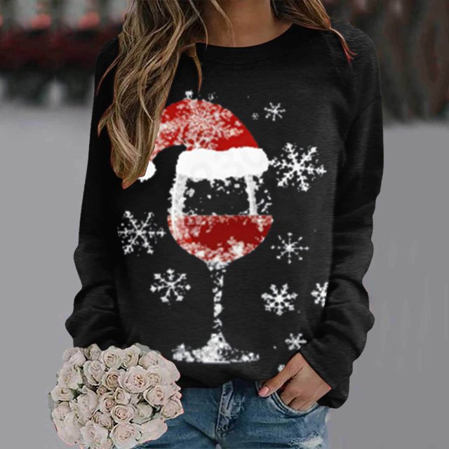 Offres du Cyber_lundi Hot6sl Mode de Noël Femmes Décontracté Manches Longues Imprimé Col Rond Chandail en Molleton Ample Blouse Tops