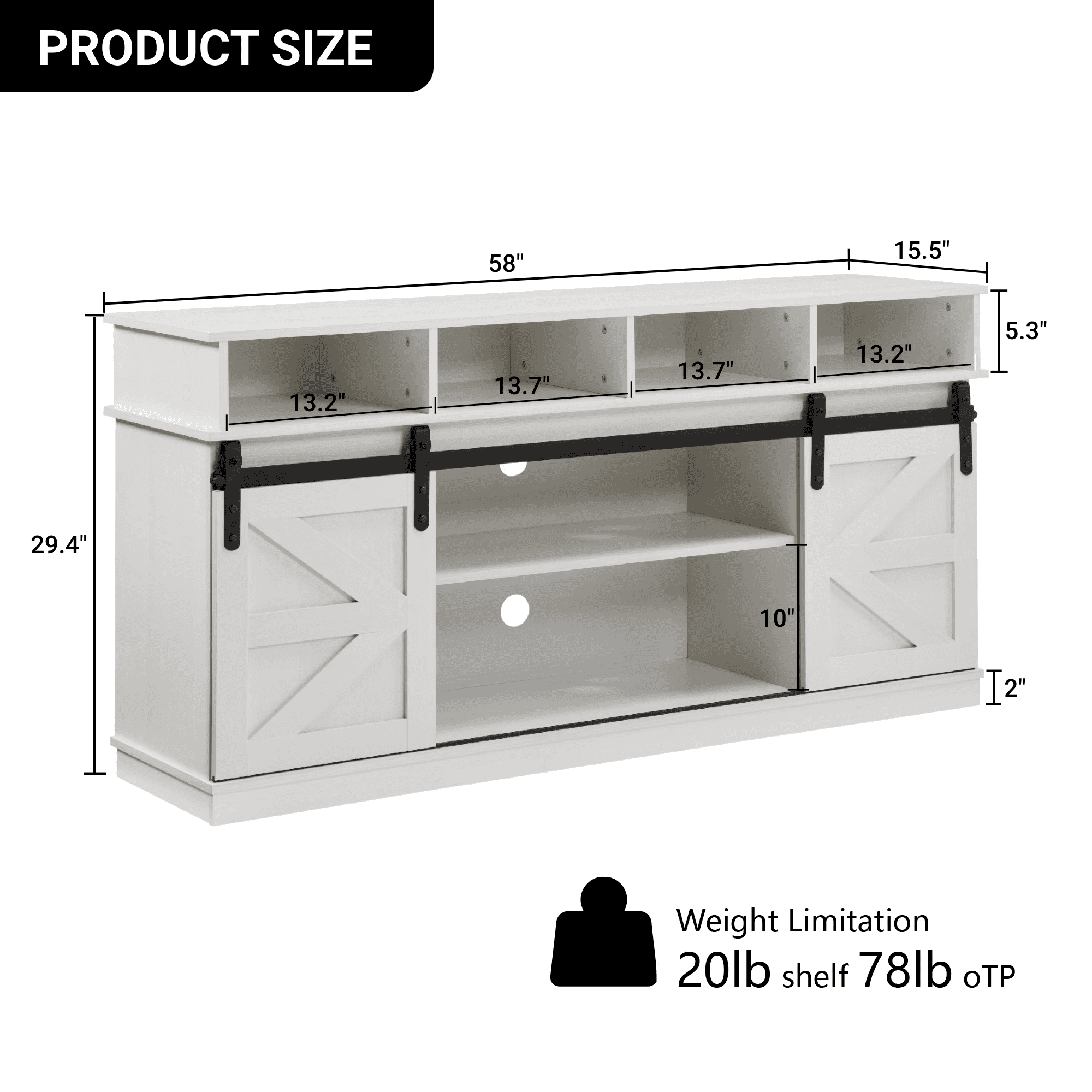 MAYEERTY Modern TV Stand with Sliding Barn Door, Farmhouse Wood Storage Cabinet with Adjustable Shelves for TVs Up to 65", White