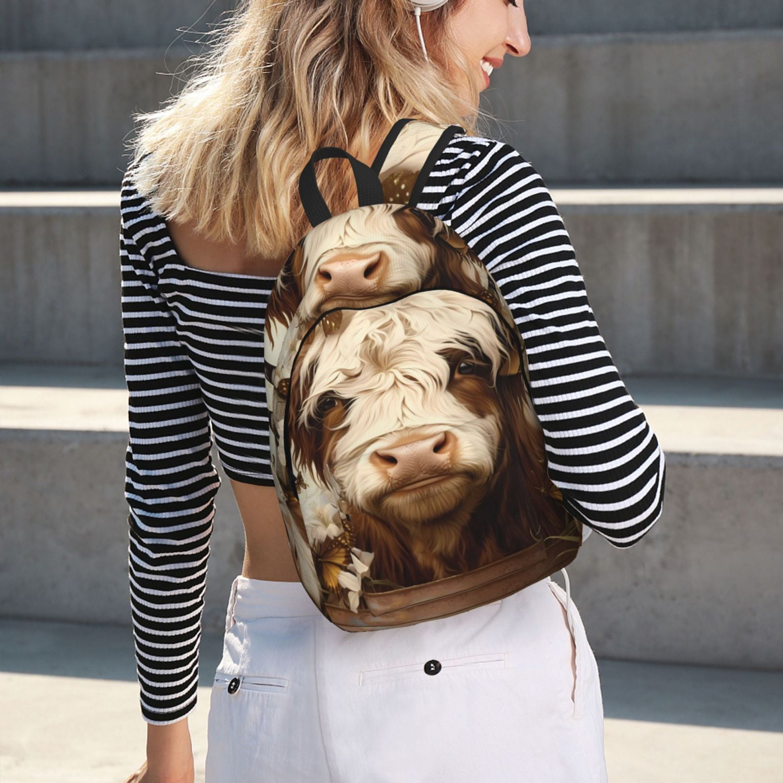 Ratiio Butterfly Cow Barrel Print Canvas Backpack for Women & Men Retro Aesthetic Rucksack Basic Backpack for High School/College Students Travel Laptop Bag