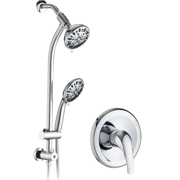 JERFIT No-Drill Luxury Dual Shower System with 7-Spray Chrome Showerhead, Handheld, Slide Bar & Rough-in Valve