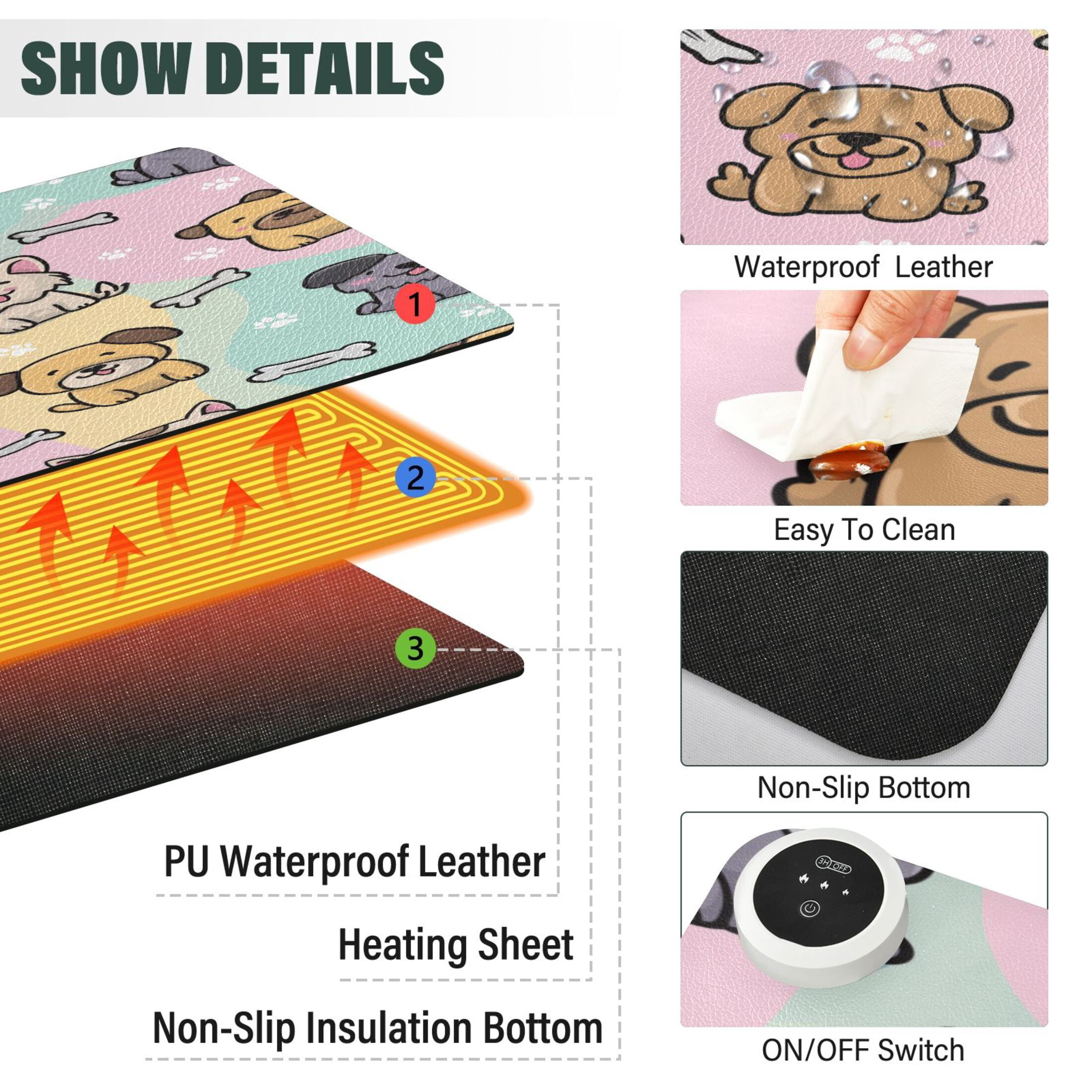 Large Heated Desk Mat Mouse Pad 31.5"x13"PU Leather Graphene Heating Desk Warmer with 3 Temperature Settings 110V US Plug Non-Slip Warm Pad for Home, Office, and Gaming Gentle Pastel Puppy Pattern