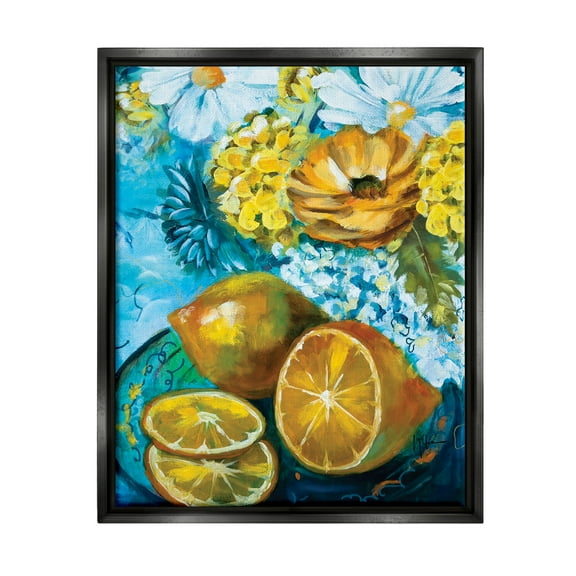 Stupell Industries Lemons & Flowers Painting Food & Beverage Painting Black Floater Framed Art Print Wall Art, 17 x 21