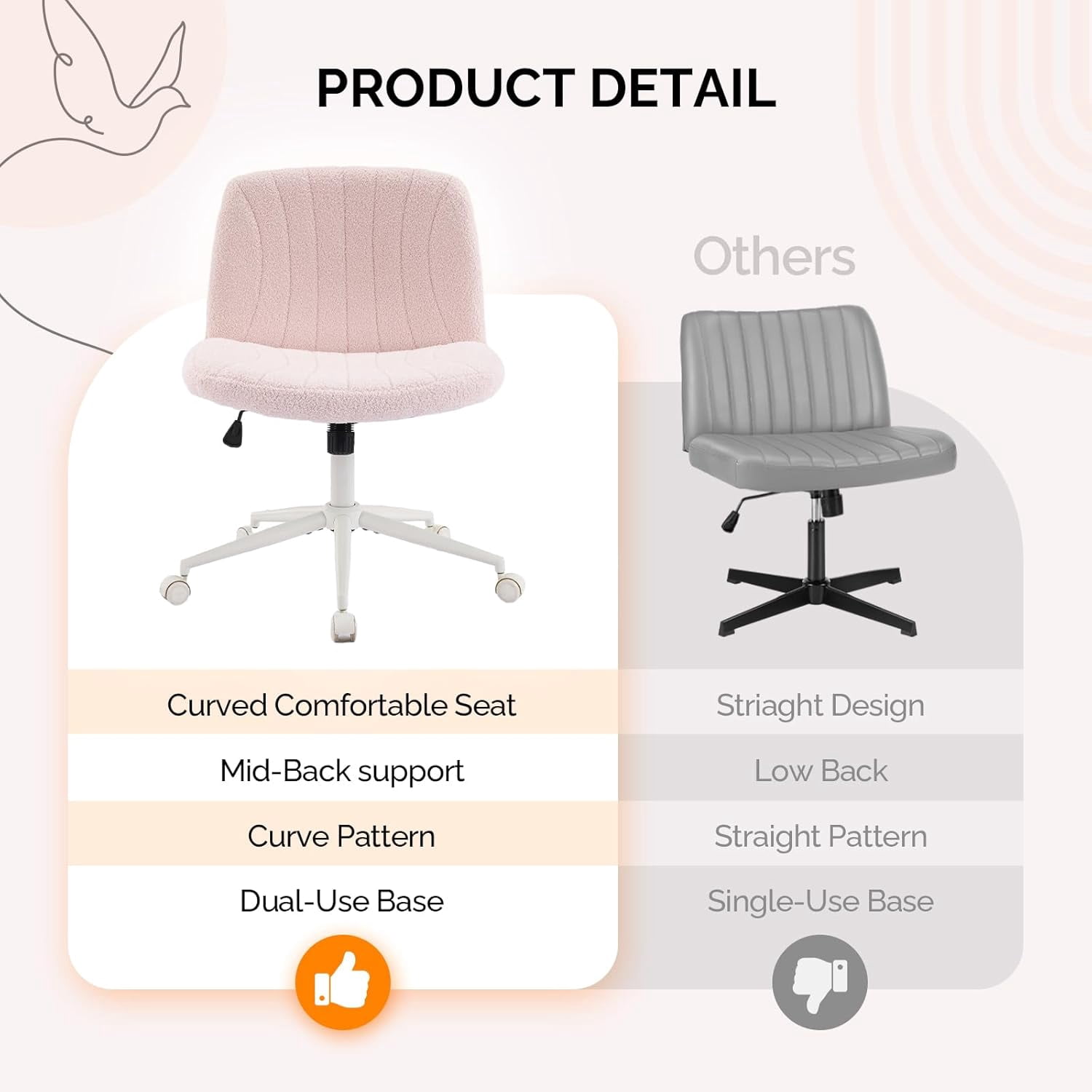 JOYMOR Modern Vanity Chair Dual-Use with/no Wheels, Armless Criss Cross Legged Chair, Swivel Wide Comfy Office Desk Chair, Computer Chair