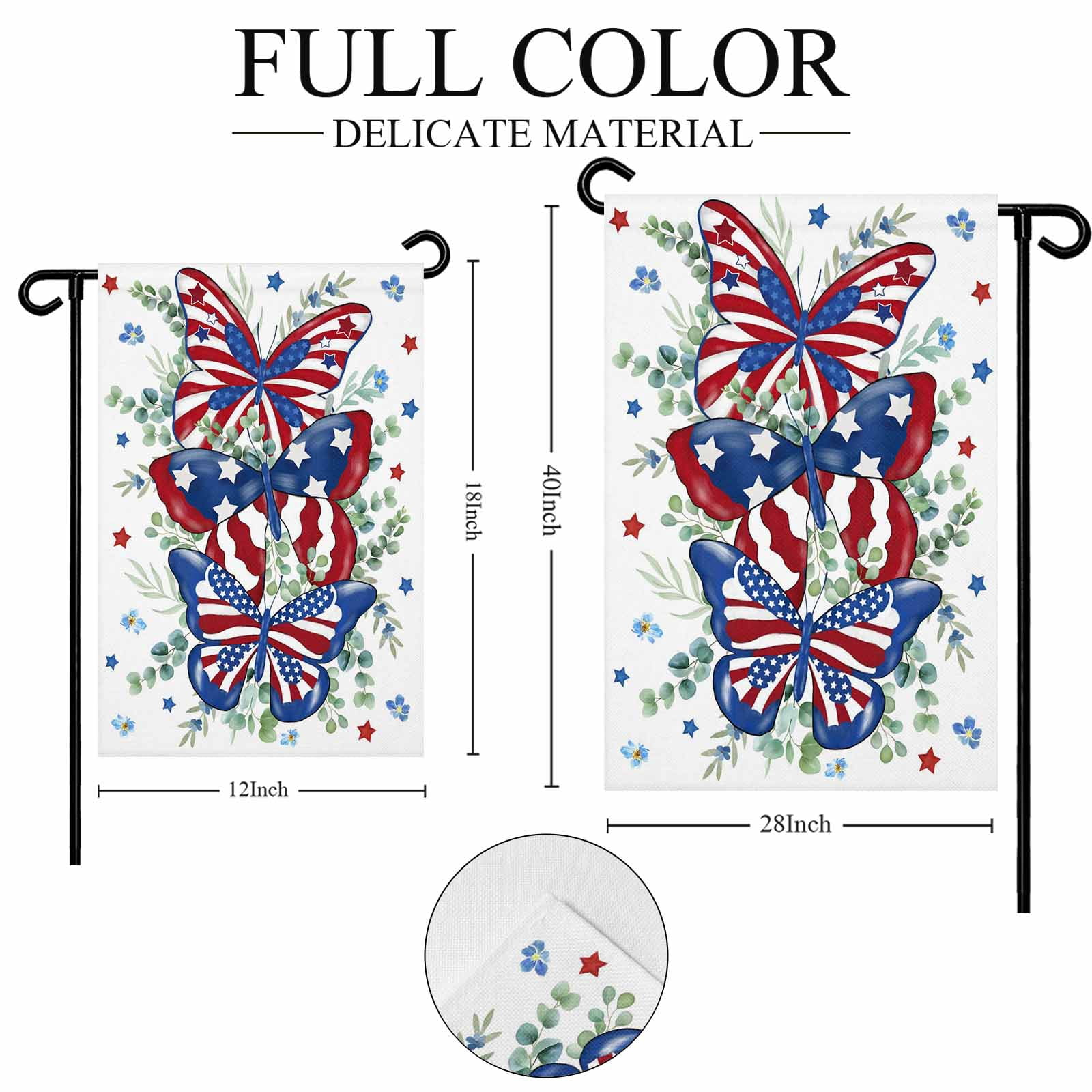 4th of July Garden Flags Patriotic Star Butterfly Garden Flag Double Sided Welcome Flag Eucalyptus Leaves Independence Day Yard Flags for Outdoor Lawn Porch Memorial Day Holiday Decor 28x40 Inch