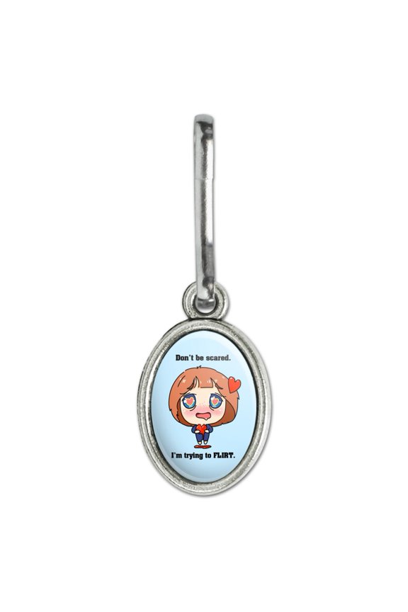 Don't Be Scared I'm Trying to Flirt Kawaii Chibi Heart Antiqued Oval Charm Clothes Purse Suitcase Backpack Zipper Pull Aid