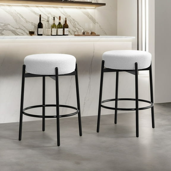 Ktaxon 24" Backless Bar Stools Set of 2, Modern Swivel Barstools with Footrest, Teddy Fleece Padded Counter Height Barstool Chairs 2 pcs, White