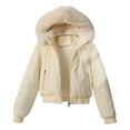 thumbnail image 3 of YOIAVAIOY Cropped Corduroy Puffer Jacket Women with Faux Fur Trim Hood Fleece Lined Coats Winter Warm Zipper Outwear White L, 3 of 10