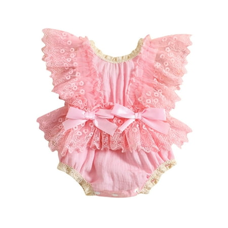 

Frobukio Newborn Baby Girls Floral Lace Jumpsuit Summer Casual Bow Ruffles Flying Sleeves Romper Bodysuit Pink　6-12 Months