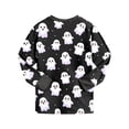 thumbnail image 5 of UAYOTSE Little Girls Halloween 2‑Piece Pajama Set Long‑Sleeve Crewneck Top Cuffed Jogger Pants Black Base All‑Over White Ghost Print Kids Sleep Pjs Loungewear Size 7-8 Years, 5 of 9