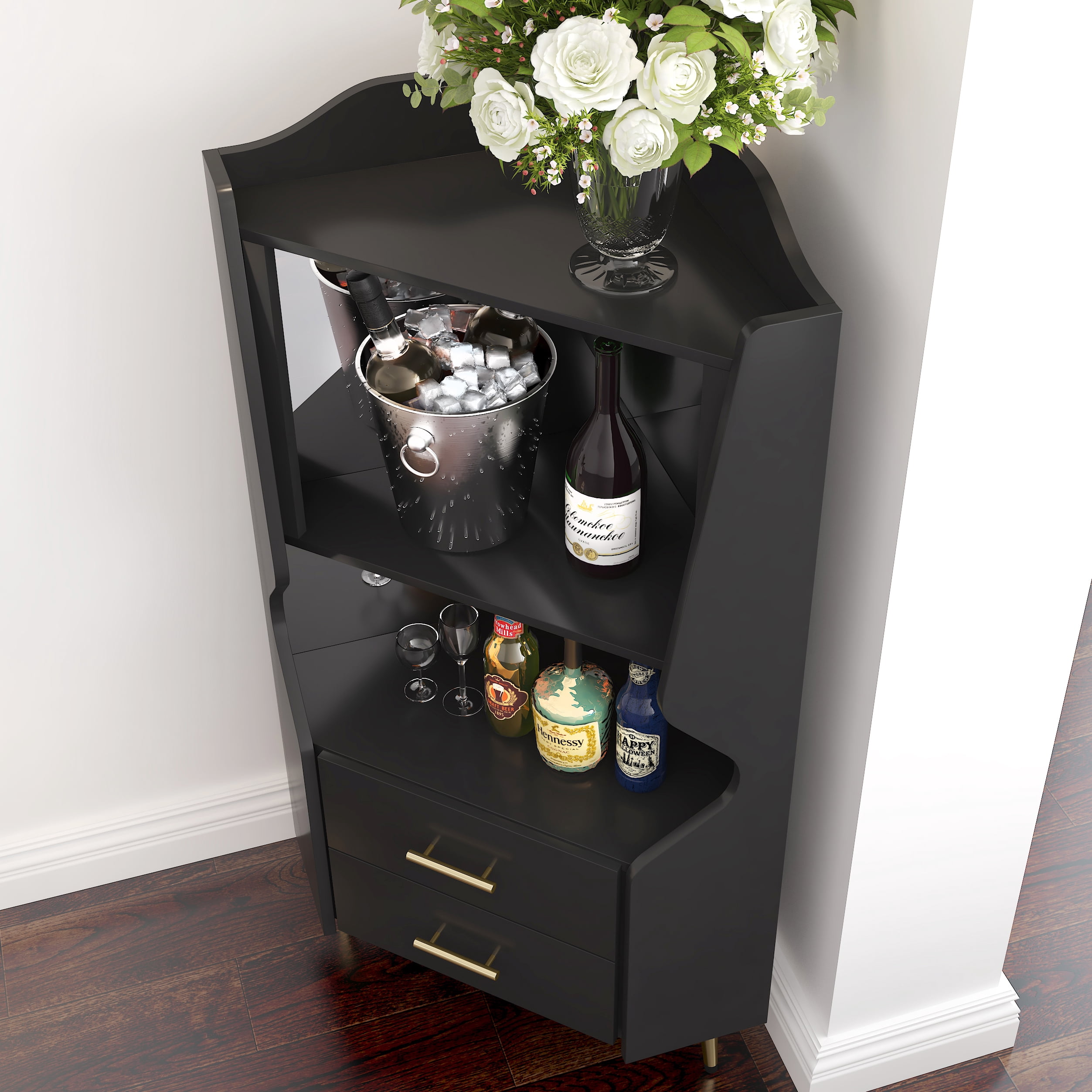 Wooden Corner Bar Cabinet With 2 Open Storage Shelves And 2 Drawers, Mirrored Back Sideboard Cabinet, High Feet/Legs For Easy Cleaning, Buffet Cabinet