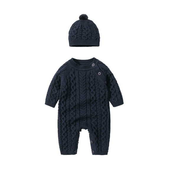 NOKIO Baby Boy Girl Knitted Sweater Romper Jumpsuit Hat , Toddler Baby Girls Boys Solid Spring Winter Long Sleeve Button Knit Sweater Romper Jumpsuit Hat Clothes Boys Striped Knit Sweaters