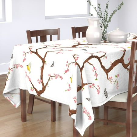 

Cotton Sateen Tablecloth 70 x 90 - Cherry Blossoms White Chinoiserie Butterfly Floral Pink Nursery Botanical Woodland Butterflies Glam Print Custom Table Linens by Spoonflower