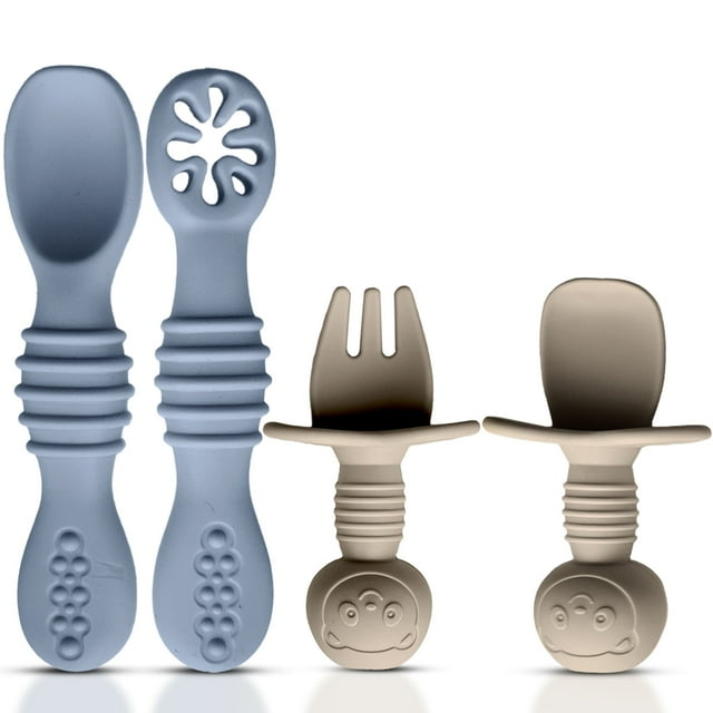 HippoBaby - Set 4 pzas alimentación BLW, cubiertos silicona sin BPA, apto lavavajillas/microondas, gris/beige