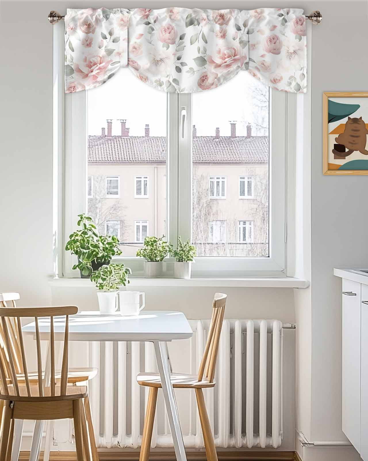 Light Pink Flowers Tie Up Valances Curtain, Adjustable Kitchen Gray Leaf Spring Floral Farm Plant Valances for Windows Decor, Rod Pocket Short Curtains Set for Bedroom/Bathroom, 54"x18"