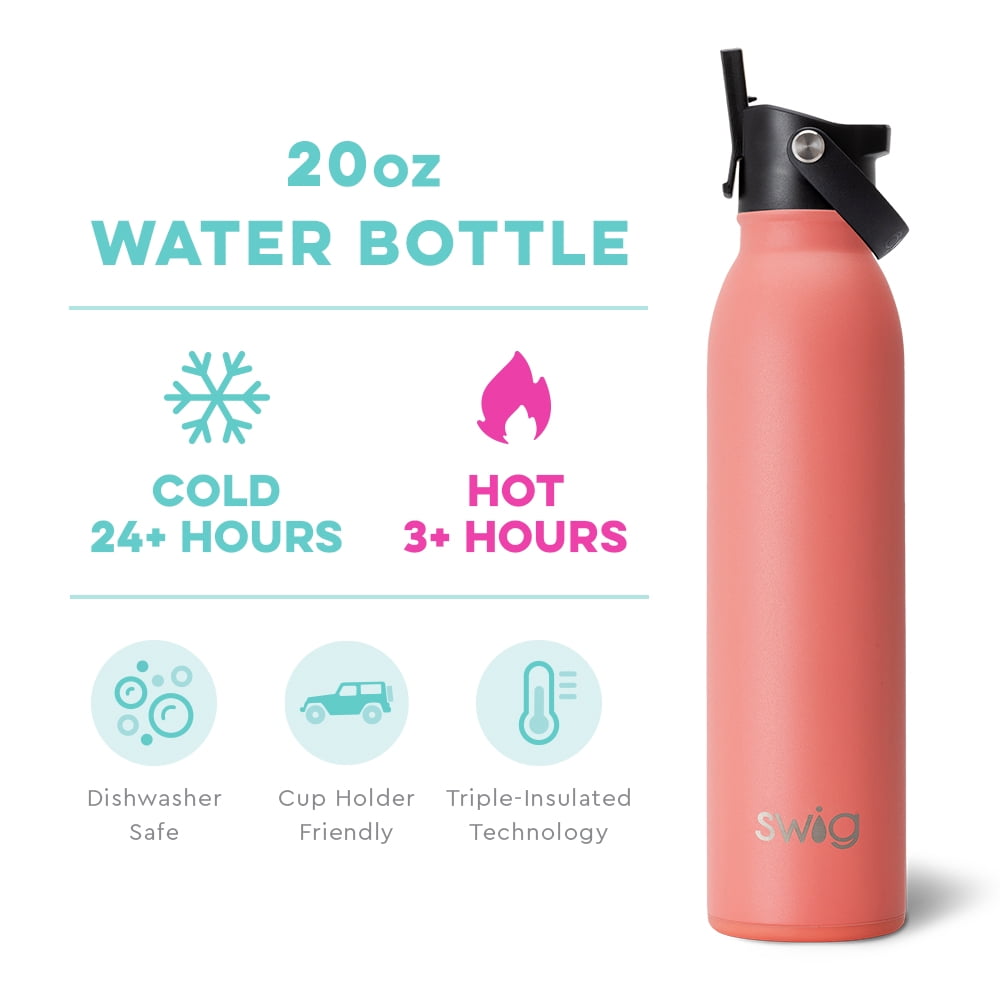 Swig Life 20oz Flip + Sip Bottle | Insulated Stainless Steel Water Bottle with Straw | Coral