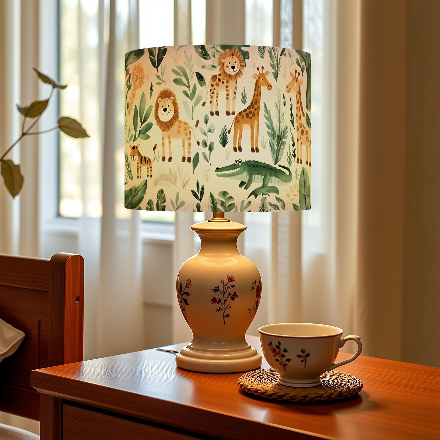 Linen Drum Lampshades Jungle Safari Animals Circular Motif Symmetrical Layout Mandala like 13"x13"x10" Light Shade for Table Lamps Drum Lamp Shades Lampshade Replacement Assembly Required