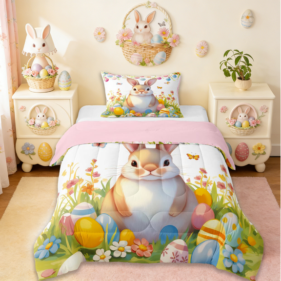 Erosebridal Kawaii Bunny Rabbit Twin Comforter Sets,Rustic Flowers Pink Easter Eggs Bedding Set For Kids Reversible 2-Piece