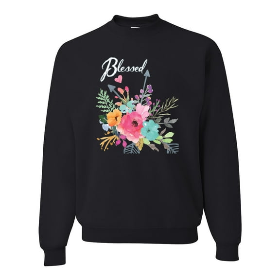 Wild Bobby, Cute Hearts and Flowers Blessed, Inspirational/Christian, Unisex Crewneck Graphic Sweatshirt, Black, Small