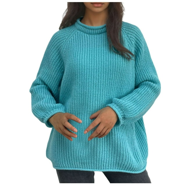 hoksml Women's Raglan Sleeve Sweater with Rolled Hem, Solid Color Round Neck Loose Fit Pullover