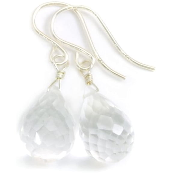 Sterling Silver Clear Quartz Earrings Faceted Rounded Teardrop Drop Dainty Small Briolettes Designed for Adult Women