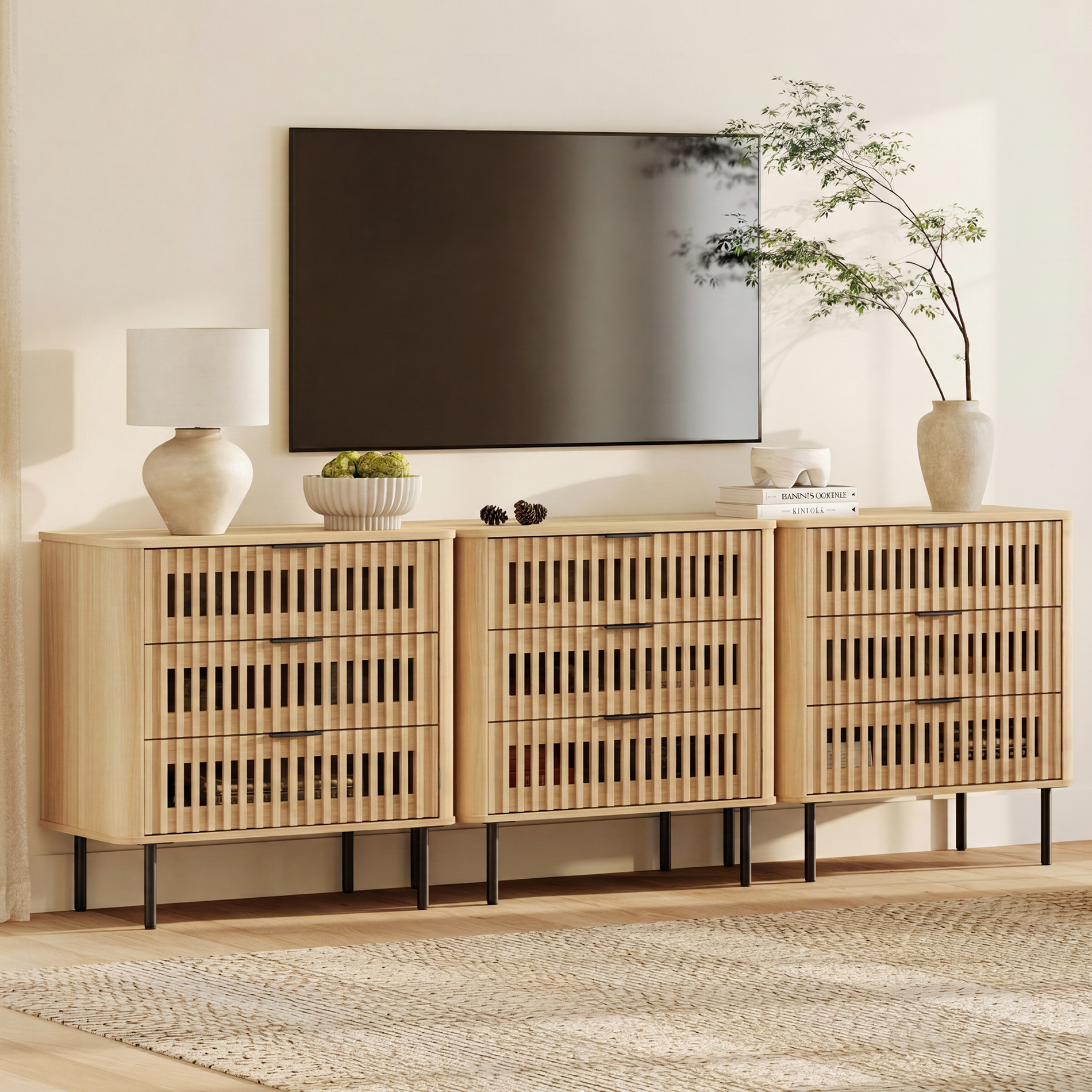94.5" W Modern TV Stand with 9 Slatted Storage Drawers, Mid-Century Modern Media Console for Living Room/Bedroom, 3 in 1, Oak
