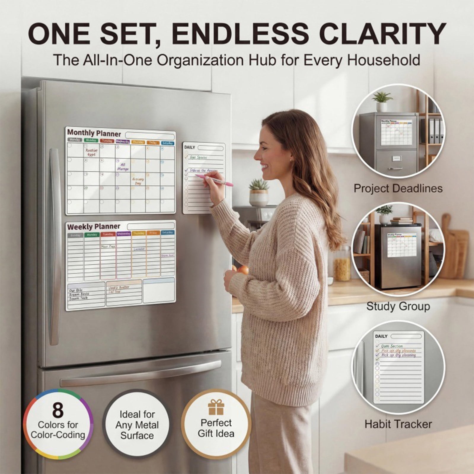 Magnetic Weekly Planner for Fridge, 2025-2026 Planner Weekly and Monthly, 3 Pc Pack, Multitone, Refrigerator Organization, Dry Erase Markers