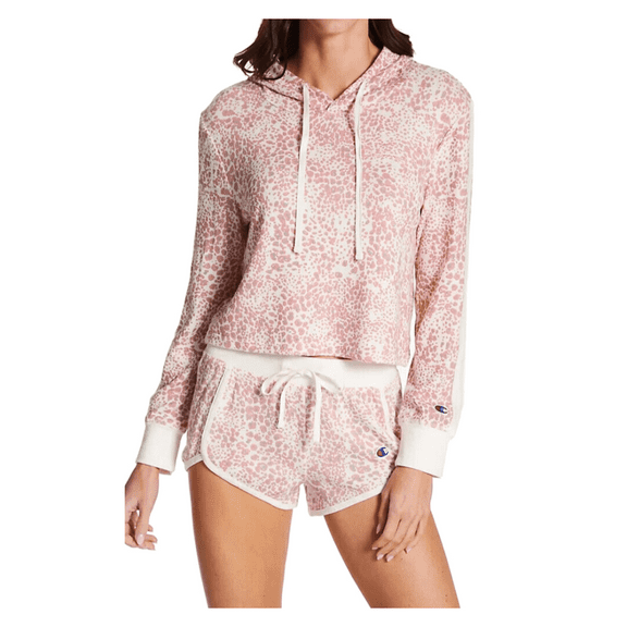Champion Women's Cropped Hacci Sleep Shorts ONLY, Pink Beige Leopard/Chalk, S
