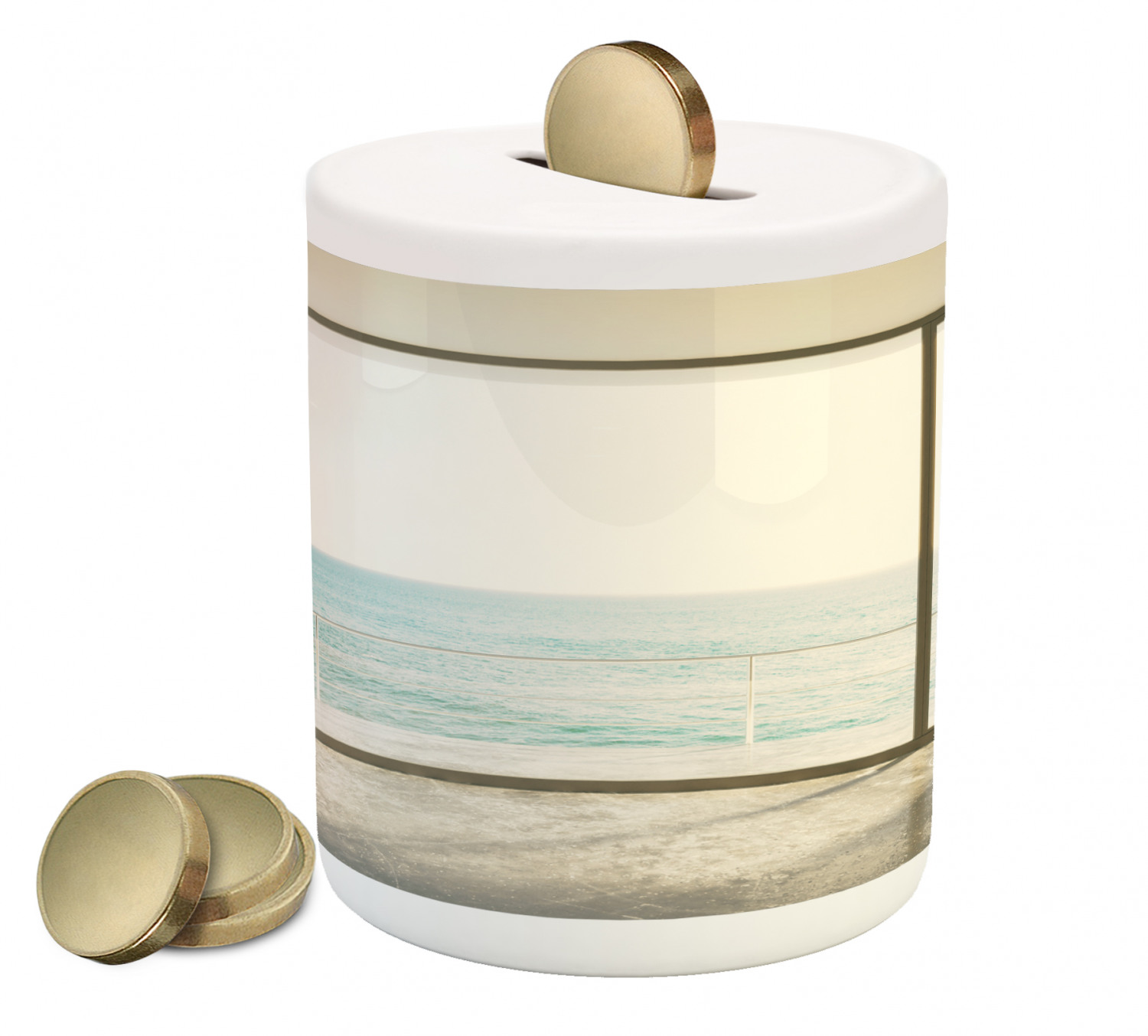 Beach Piggy Bank, Apartment Scenery Wavy Sea Ocean Coastal Home Design ...