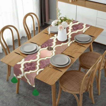 

Rosegold Pink And Copper Moroccan Tile Pattern Table Runner Imitation Linen Table Runner With Green Tassels For Party And Dining Room 14 x 60