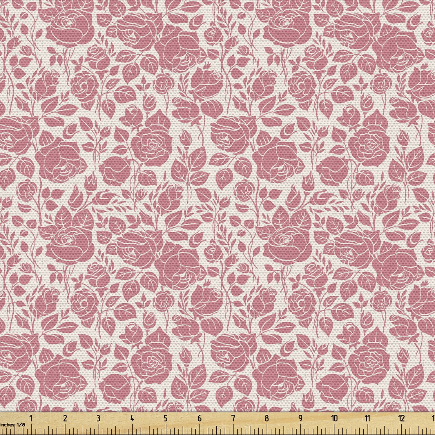 Coral Fabric by the Yard, Vintage Pattern with Roses Gardening Plants