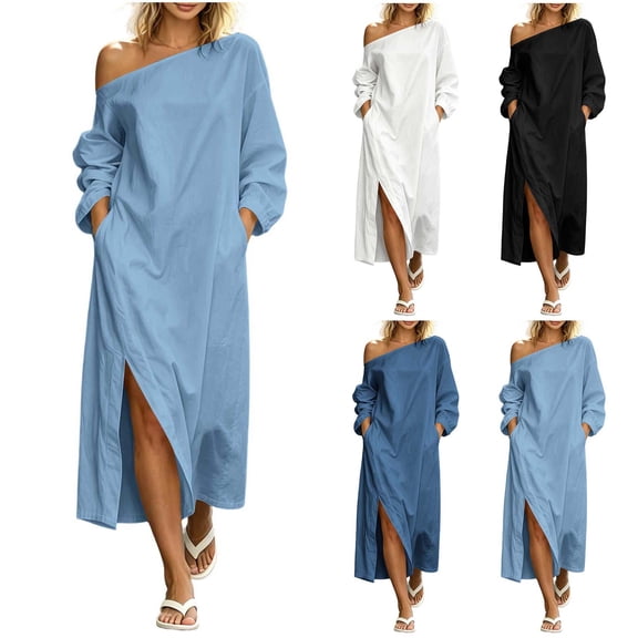 Noric Women One Shoulder Long Dresses Loose Fit Side Slit Casual with Pockets Long Sleeve Flowy Vacation Cover Up Beach Sundress