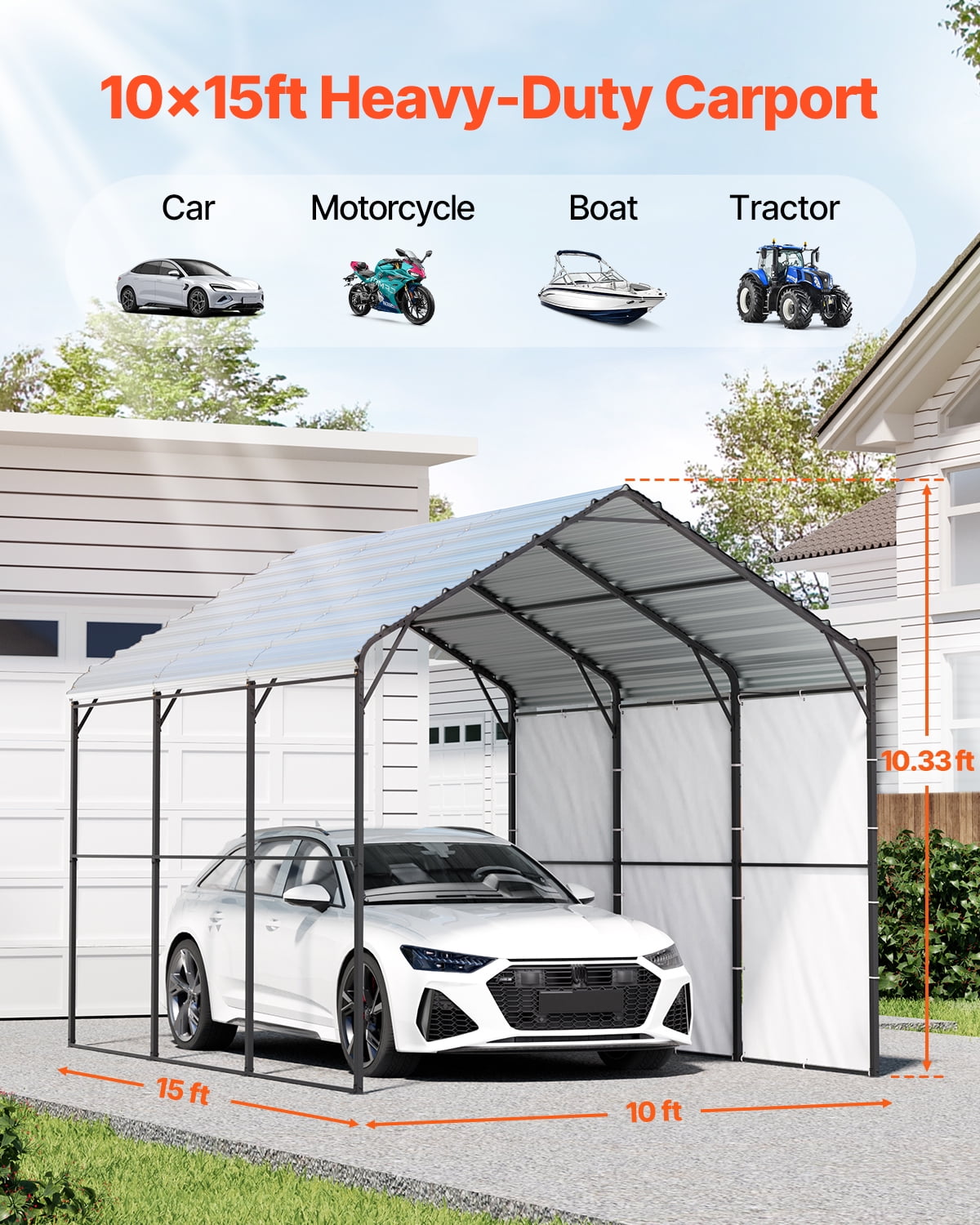 KFFKFF Heavy Duty Metal Carport 10' x 15' Outdoor Shelter with Galvanized Steel Frame & Roof, Car Tent Garage Shade with Detachable Sidewalls for Vehicles, Boats, Equipment