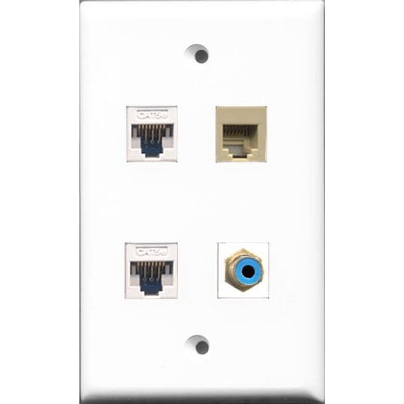 RiteAV 1 Port RCA Blue and 1 Port Phone RJ11 RJ12 Beige 2 Port Cat5e Ethernet White Wall Plate