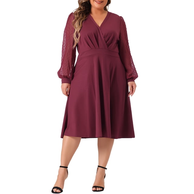 Vestido de boda de talla grande para mujer Agnes Orinda, de manga larga, con puntos suizos, corte en V, vestido formal 4X burdeos