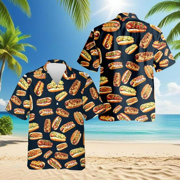 Hot Dog Pattern Hawaiian Shirt for Men, Button Down Summer Beach Short Sleeve, S-5XL