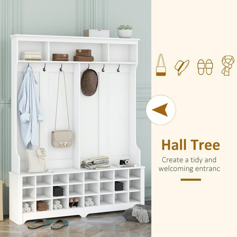 Modern 60-inch Wide White Entryway Hall Tree with Hooks and 24