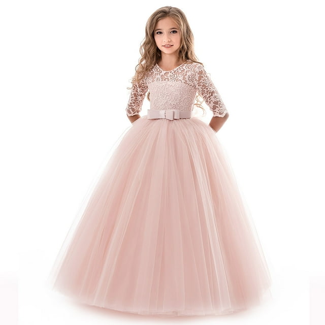 Robe Longue en Dentelle Florale Vintage pour Filles Manches 3/4 Robe de Soirée de Mariage Robe de Danse Formelle