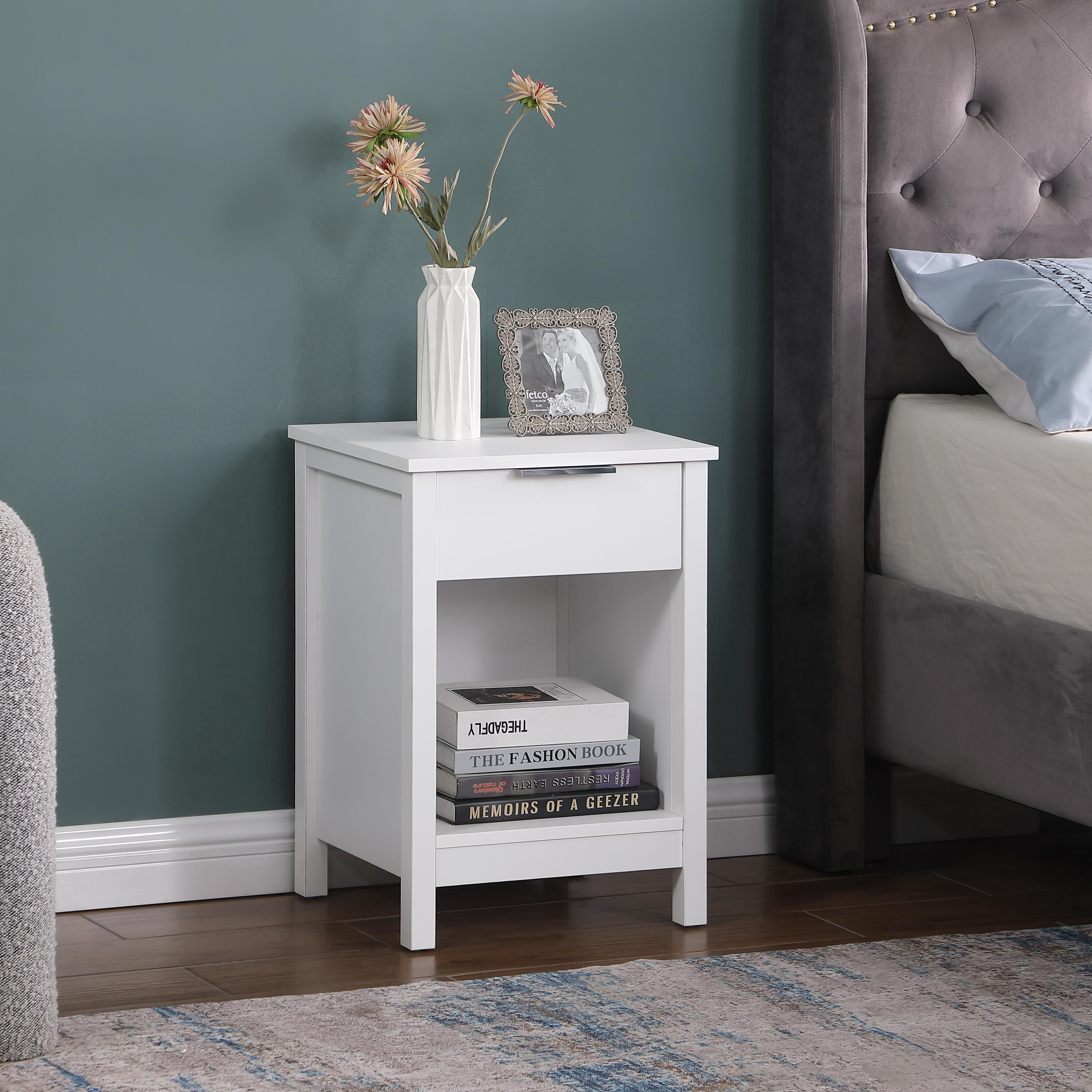 Nightstand with Drawer,3-Tier End Side Table with Storage Drawer and Shelf,Modern Bedside Night Stand for Bedroom, Living Room-Retro White