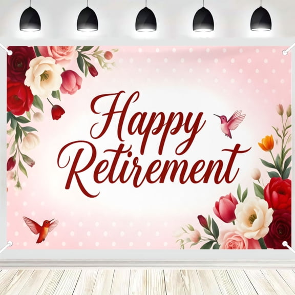 Happy Retirement Backdrop, Pink Floral with Hummingbird Photo Background Banner for Retirement Party, Photography Booth Decorations 16x24in