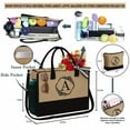 thumbnail image 3 of Initial Jute Tote Bag with Makeup Bag Beach Bag with Pockets Adjustable Strap Mothers Day Birthday Gifts for Her, 3 of 9