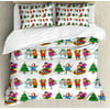 Winter King Size Duvet Cover Set, Kids in Winter Clothes Building Snowman Sledding and Christmas Tree Happy Times, Decorative 3 Piece Bedding Set with 2 Pillow Shams, Multicolor, by Ambesonne
